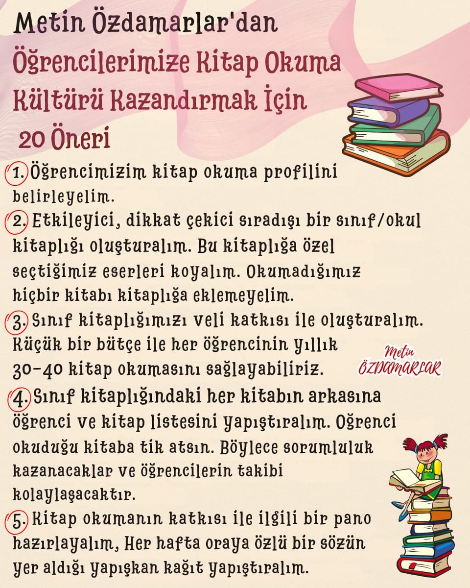 MetinOzdamarlar's tweet photo. Öğrencilerimize kitap okuma kültürü kazandırmak için 20 öneri. https://t.co/WGiMWU7ZW9