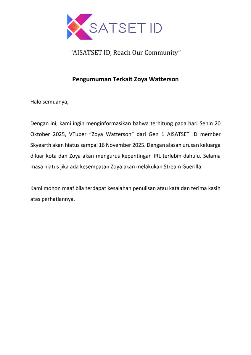 aisatset's tweet photo. Pengumuman Terkait Talent Zoya Watterson

#pucukinpo https://t.co/JuGnHLFuD4
