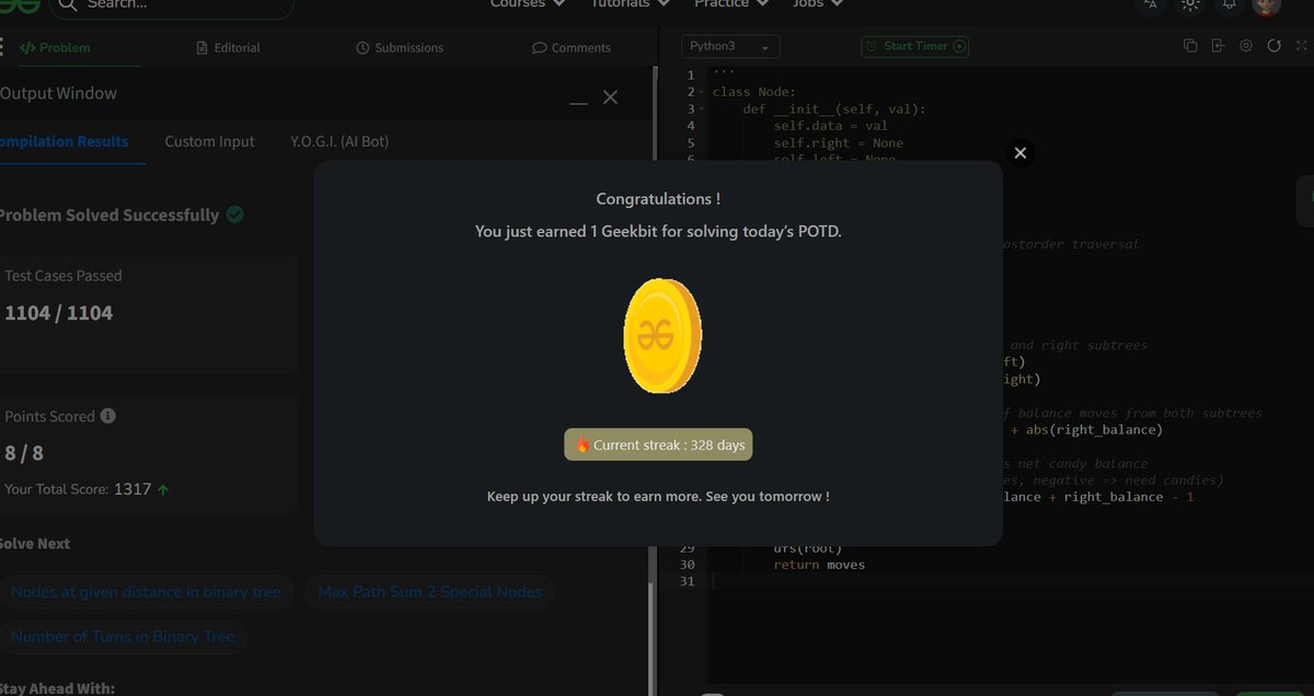 akashasahu07's tweet image. Day - 328
Distribute Candies Problem
✅ Completed today’s GeeksforGeeks POTD! Staying committed to the streak, and the learning curve is worth every minute. Follow for daily progress & solutions! #geekstreak2025 #gfgpotd #365DaysOfCode