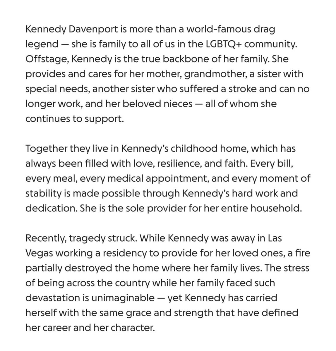 World of Wonder (@worldofwonder) on Twitter photo Our hearts are with Kennedy Davenport and her family after their devastating house fire. <a href="/kennedyddoftx/">Kennedy Davenport</a> has always lifted up her community with love, grace, and resilience — now it’s our turn to lift her up. ❤️🫶
Please consider donating or sharing to help rebuild the Davenport Our hearts are with Kennedy Davenport and her family after their devastating house fire. <a href="/kennedyddoftx/">Kennedy Davenport</a> has always lifted up her community with love, grace, and resilience — now it’s our turn to lift her up. ❤️🫶
Please consider donating or sharing to help rebuild the Davenport