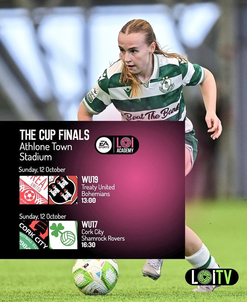 Two huge <a href="/EASPORTSFC/">EA SPORTS FC</a> #LOI Academy Cup Finals today at Athlone Town Stadium! 🏟 

WU19 Cup Final 🏆
<a href="/TreatyUnitedFC/">Treaty United FC</a> 🆚 <a href="/bfcdublin/">Bohemian Football Club</a>
🕐 1pm KO

WU17 Cup Final 🏆
<a href="/CorkCityFC/">Cork City FC</a> 🆚 <a href="/ShamrockRovers/">Shamrock Rovers FC</a>
🕟 4:30pm KO

🎥 Can’t make it? Catch all the action live on LOITV.ie 📺⚡️