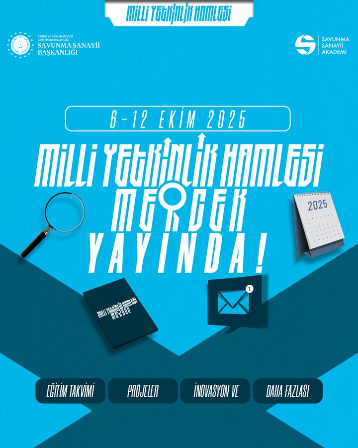 Blue background graphic with white text announcing Milli Yetkinlik Hamlesi Mercek publication for 6-12 Ekim 2025 featuring magnifying glass icon calendar and folder symbols at bottom sections labeled Etkin Takip Projeler Inovasyon ve Dava Hazli with Savunma Sanayii logos