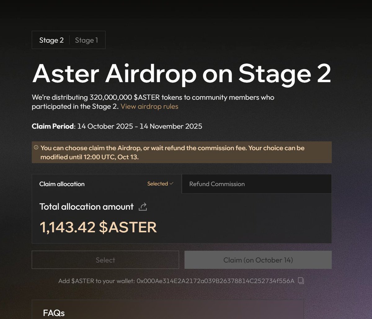 jaycode2254's tweet image. 新的 Aster 第 2 阶段空投检查器现已上线。 
 asterdex.com/en/airdrop/all…
您仍然可以选择领取空投或全额退还 S2 交易费。
截止日期前，您可以随时修改选择。
🔸 R空投领取时间：10 月 14 日 12:00 UTC
我选择了默认的，领取空投，相信aster很快就会回到2刀，未来几个月去到5刀。
#aster #airdrop #空投