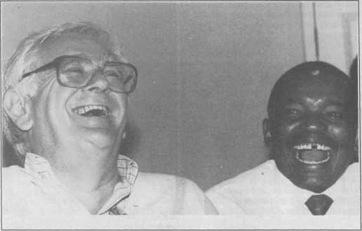 HistorySAZAR's tweet image. Joe Slovo shares a joke and a laugh with UDF leader “Terror” Lekota, c 1980s. Image Source: Learn and Teach Magazine
