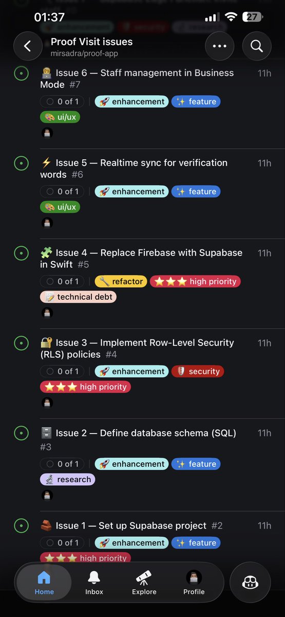 Mirsadraa's tweet image. Am I crazy for being a solo dev and using GitHub issues and projects while assigning everything to myself? 🤣 #indiedev #GitHub #dev #supabase #firebase #iOSDev