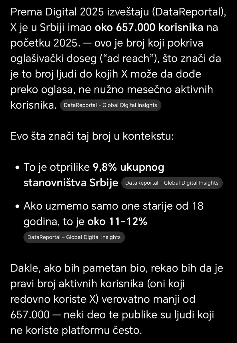 Naravno da X nije realnost! Većina Srba i dalje veruje svojim očima, a ne nekim propalicama na ovoj platformi, gde je mržnja glavna premisa.
Isto tako, to dovoljno govori da ta manjina pokušava da nam predstavi kako se u zemlji živi loše, kako je JK propala i kako je sve crno.