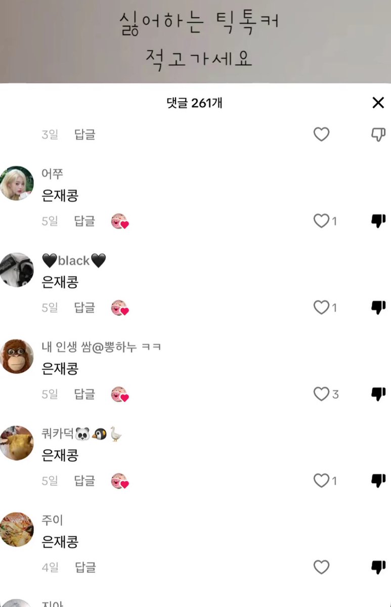 tiktokereunjae's tweet photo. ‘싫어하는 틱톡커 적고가세요’ https://t.co/0wsYZxns5j