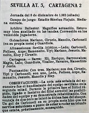 Esta tarde a las 16:30 h. disputará el <a href="/CanteraSFC/">Sevilla Atlético y Cantera Sevilla FC</a>  su partido oficial frente al <a href="/FCCartagena_efs/">FC Cartagena</a> nº 37 con un bagaje de 11 victorias, 10 empates y 15 derrotas hasta ahora.
Su primer enfrentamiento se produjo el 8-12-1962 en 2ª División, Grupo 2, con victoria local en casa.