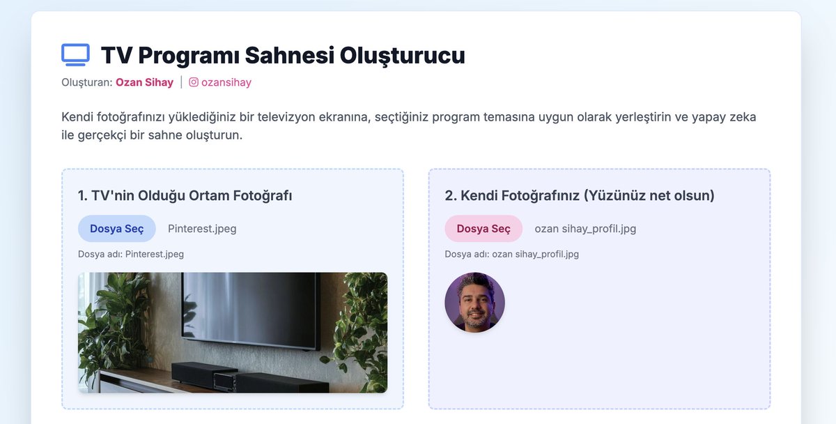 ozan_sihay's tweet image. Kendizi TV&apos;de görmek ister misiniz?
Gemini Canvas ile eğlencelik-basit ve ücretsiz bir uygulama yaptım.
İster kendi evinden, ister herhangi bir TV fotoğrafı yükle, kendi fotoğrafını ver ve hangi programda olmak istediğini seç. Seni TV&apos;ye çıkarsın..
Denemelerinizi bekliyorum..…