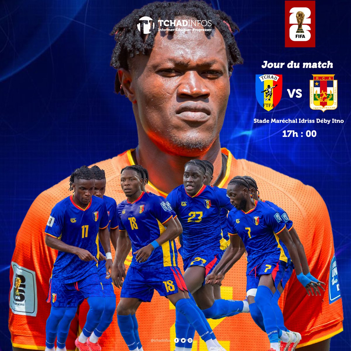 tchadinfos's tweet image. ⚽ Jour de match !
Les Sao du #Tchad 🇹🇩 affrontent les Fauves de la #RCA 🇨🇫 ce dimanche 12 octobre 2025 à 17h00 au stade olympique Maréchal Idriss Déby Itno ((#MIDI), dans le cadre des éliminatoires de la Coupe du monde 2026.
👉 Le match est à suivre en direct sur Tchadinfos.