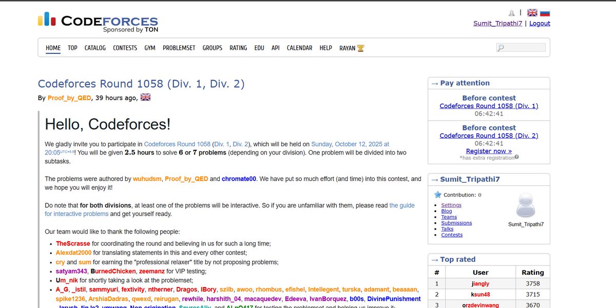IgSumit2's tweet image. Just joined @codeforces and excited to participate in my first contest.
Still new to how everything works here, so if you have any tips on how to get started or understand the platform better, please help! 
#Codeforces #CompetitiveProgramming #CODERED #Help #CONNECT