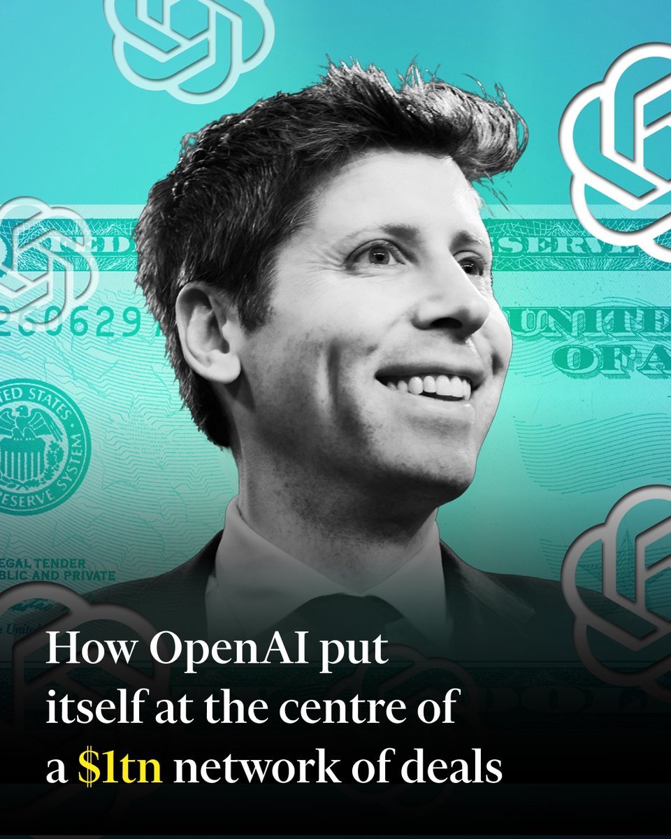 FT's tweet image. The company behind ChatGPT has signed agreements with many of the largest tech groups, adding to a growing web of financial dependencies across the AI world. on.ft.com/4mVy25R