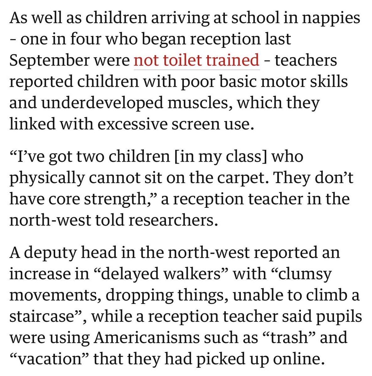 maxtempers's tweet image. Research this year found that ‘one in four who began reception last September were not toilet trained’ with many having poor motor skills and undeveloped muscles, due to screens. 

Meanwhile ‘only 50% of parents think they are solely responsible for toilet-training their child’.