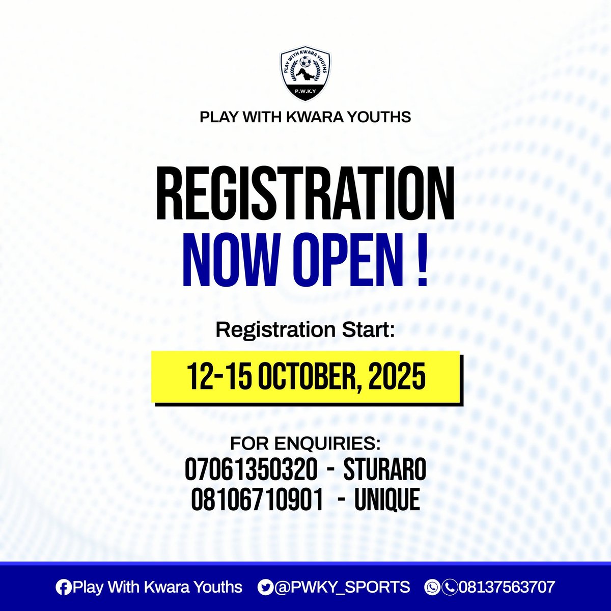 PWKY_SPORTS's tweet image. Play With Kwara Youths (PWKY) Opens Registration Portal for 5th Edition

Registration opens from Sunday 12th October, - Wednesday 15th, October, 2025. 

NB:  we advised interested Kwarans to register before the deadline. 

forms.gle/3mKngfom45ivEF…