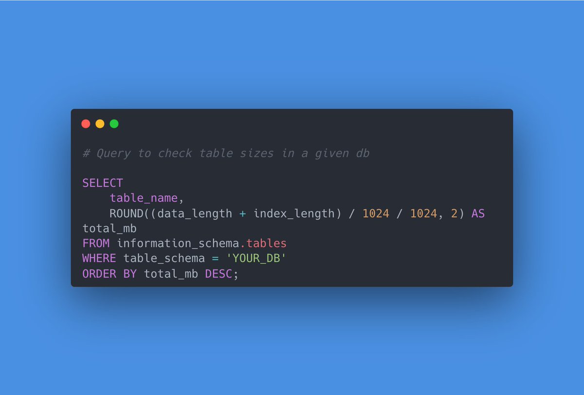 SabatinoMasala's tweet image. 💡 Use this MySQL query to check the size of your tables 👇