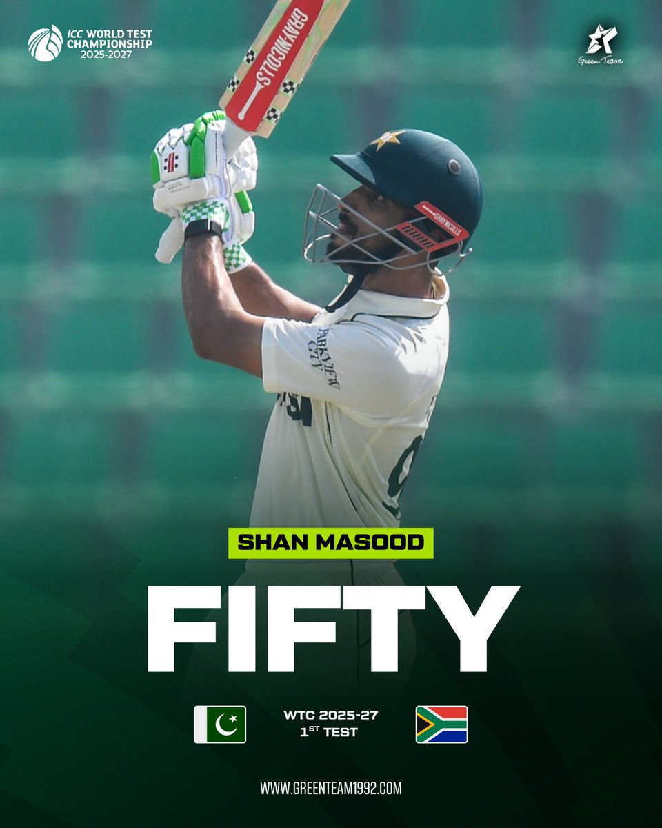 GreenTeam1992's tweet image. CAPTAIN OF PAKISTAN TEAM BRINGS UP HIS 50!
Shan Masood scored 12th Fifty of his Test Career. He completed it in 93 balls, smashing 6 Fours and 1 Six
#PAKvSA | #WTC27 | #GreenTeam | #KhelKaJunoon | #OurGameOurPassion