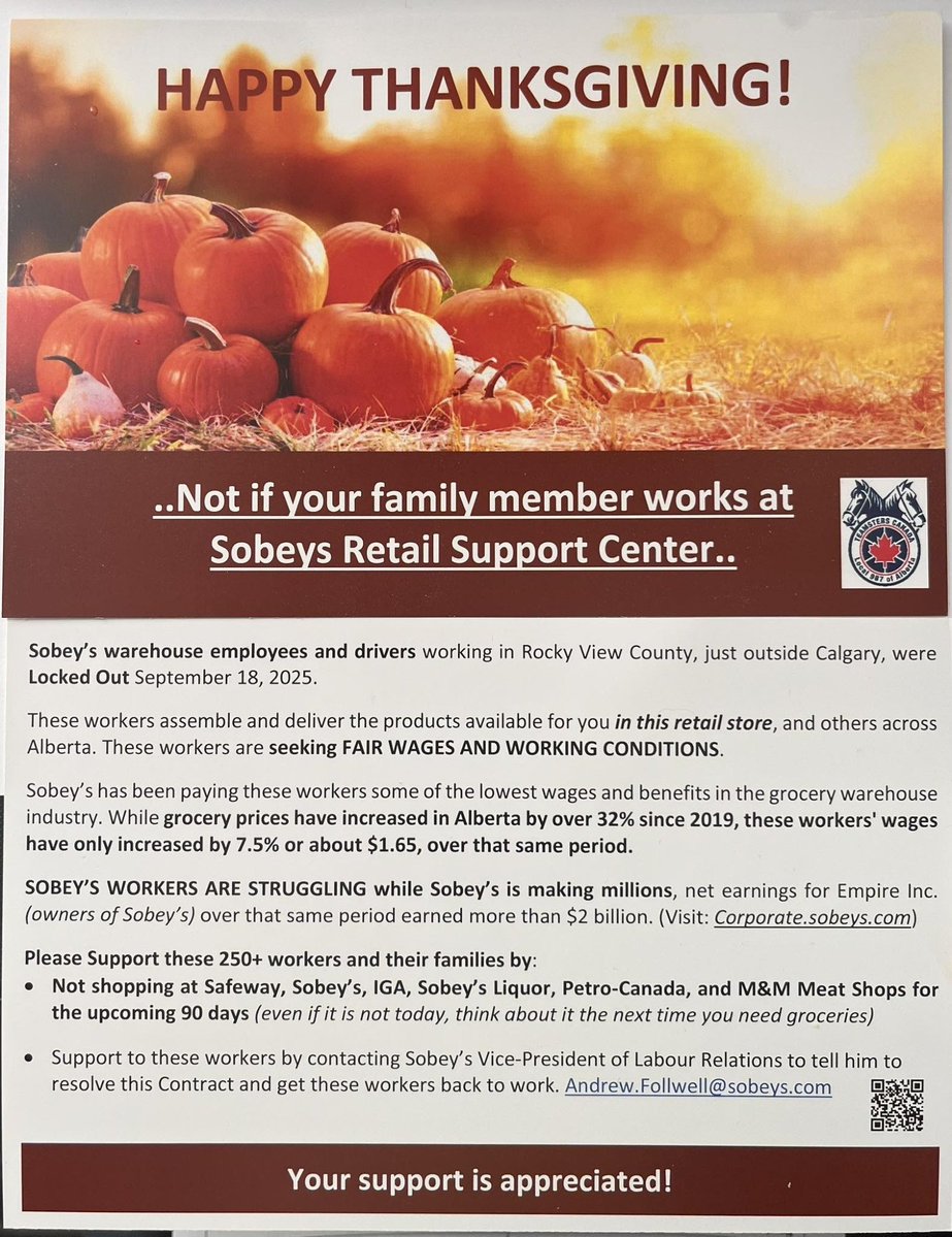 cmcalgary's tweet image. Sobeys distribution employees in Rocky View County have been locked out since September 18th.
Release:
teamsters.ca/blog/2025/09/1…
FB post: facebook.com/Teamsters987/p…
#Alberta #Calgary #Sobeys #Balzac