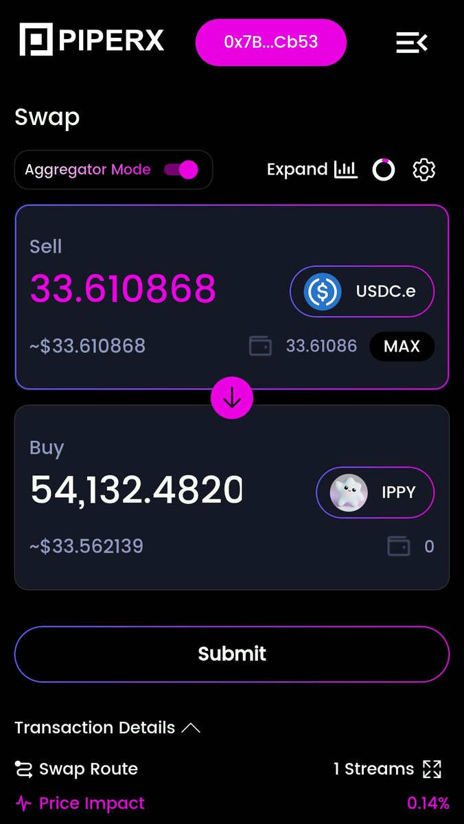 gujjar5_4's tweet image. Gasless, Fast, and Rewarding 💨

I just completed a swap on app.piperx.xyz 
No lag. No confusion. Just fast execution.
Swapped 33.16 USDC.e into $IP tokens successfully.
#PiperX 

@0xbunny_ @mushy @jacobmtucker @devrelius @ICat4you