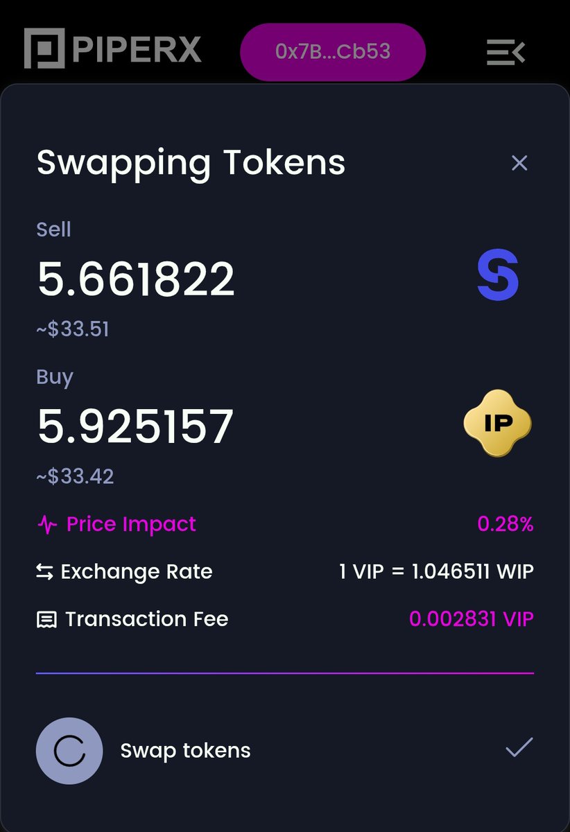gujjar5_4's tweet image. Gasless, Fast, and Rewarding 💨

I just completed a swap on app.piperx.xyz 
No lag. No confusion. Just fast execution.
Swapped 33.16 USDC.e into $IP tokens successfully.
#PiperX 

@0xbunny_ @mushy @jacobmtucker @devrelius @ICat4you