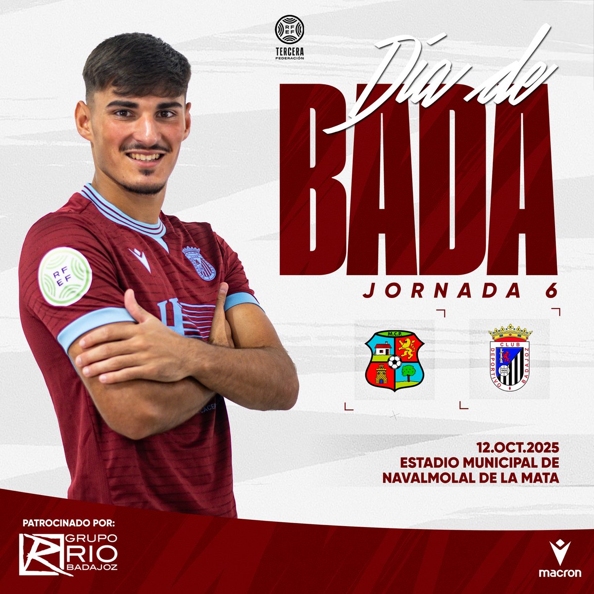 CDBadajoz's tweet photo. 🤍 𝐃𝐈́𝐀 𝐃𝐄 𝐁𝐀𝐃𝐀 🖤

🏆 Jornada 6
🆚 @MORALO_CP 
 🕔 17:00
🏟️ Municipal de Navalmoral de la Mata 

🏨 Patrocinado por @gruporiobadajoz https://t.co/ODjInkTPJ2