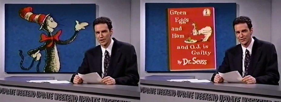 NormSNLJokes's tweet photo. And finally, in honor of the fiftieth anniversary of their first publication, Random House will be releasing special commemorative issues of many Dr. Seuss classics.

The first to hit the bookshelves will be "Green Eggs and Ham and O.J. is Guilty." https://t.co/O5l2xXkVrS