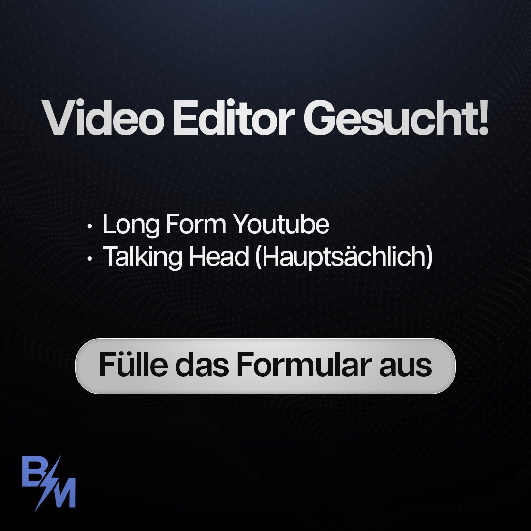 dani_uhr's tweet image. 🎬 Video Editor gesucht! 🎬

Long Form YouTube Video - Talking Head (hauptsächlich)

Du:
- Gefühl für Storytelling
- Skills in Premiere, AE o.Ä.
- YT-Erfahrung

 🔥 Langfristige Zusammenarbeit
 🔥 Kreative Freiheit
 🔥 Faire Bezahlung

👉 Hier bewerben:
forms.gle/tSCrBUaCnv7vT3…