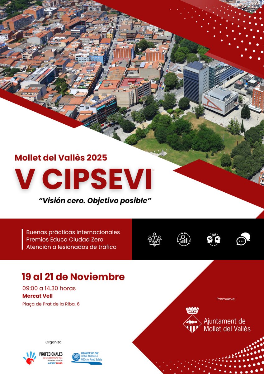🏆 V CONGRESO INTERNACIONAL DE PROFESIONALES PARA LA SEGURIDAD VIAL #CIPSEVI

📍 Mollet del Vallès
📅 19-21 noviembre
🕘 09:00-14:30h
🆓 Inscripción GRATUITA
✨ VISIÓN CERO: OBJETIVO POSIBLE
Mollet demuestra que es real: 18 años sin víctimas mortales en casco urbano.