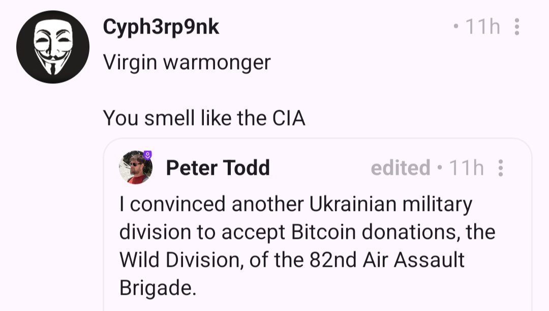 peterktodd's tweet image. My replies on nostr are just sad. All the usual &quot;warmonger&quot; and &quot;your funding war&quot; crap.

Defending yourself is not &quot;warmongering&quot;. It&apos;s stopping psychopaths trying to kill you and take your property.

Doesn&apos;t matter if it&apos;s at the scale of a single mugger, or a whole country.