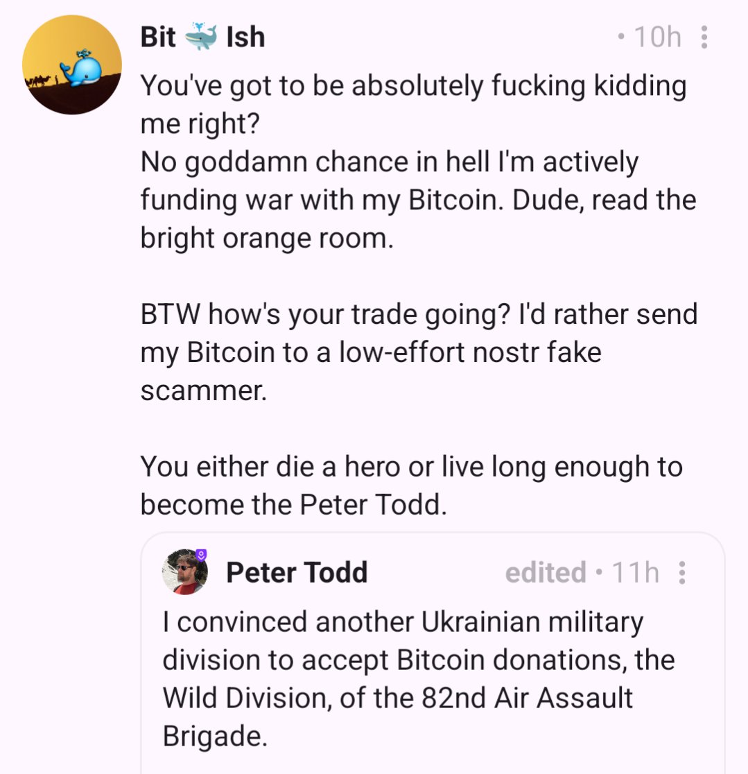 peterktodd's tweet image. My replies on nostr are just sad. All the usual &quot;warmonger&quot; and &quot;your funding war&quot; crap.

Defending yourself is not &quot;warmongering&quot;. It&apos;s stopping psychopaths trying to kill you and take your property.

Doesn&apos;t matter if it&apos;s at the scale of a single mugger, or a whole country.