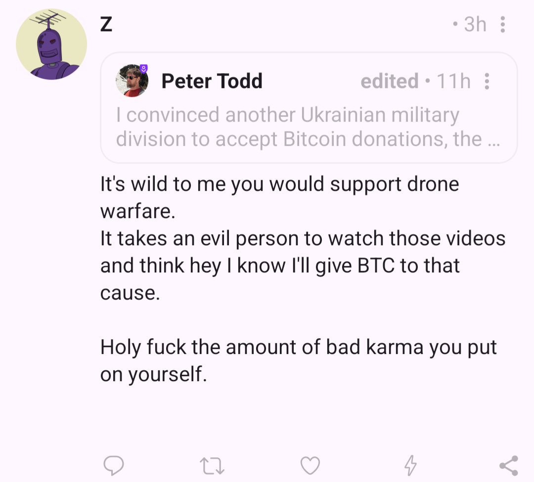 peterktodd's tweet image. My replies on nostr are just sad. All the usual &quot;warmonger&quot; and &quot;your funding war&quot; crap.

Defending yourself is not &quot;warmongering&quot;. It&apos;s stopping psychopaths trying to kill you and take your property.

Doesn&apos;t matter if it&apos;s at the scale of a single mugger, or a whole country.