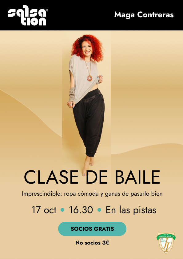 CLASE DE BAILE (SALSATION) 
¡Para toda la familia, niñ<a href="/s/">『S』</a> y adultos! 
 Viernes, 17 de octubre , A las 16:30h (taquilla abierta a las 16h). Duración 90min, en las pistas deportivas
💰 Soci@s gratis/No soci@s 3€/pna
📋 Sin inscripción previa

¡No te lo pierdas!