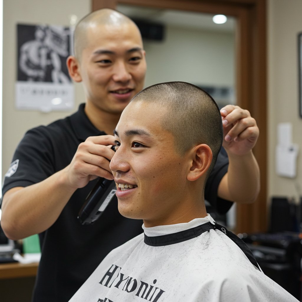 BozuingBozu's tweet image. 「坊主専門理髪店」

連休中日の今日も大繁盛！

 #ImageFX #坊主男子
