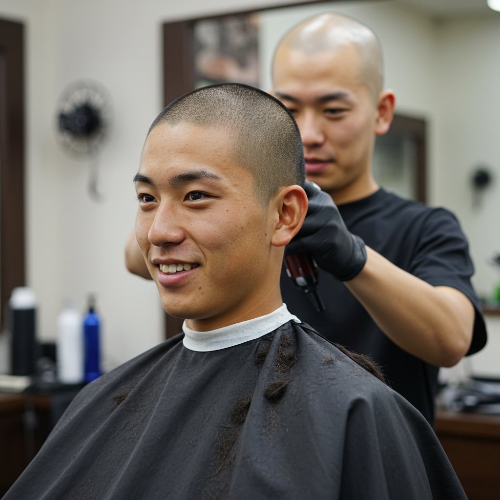 BozuingBozu's tweet image. 「坊主専門理髪店」

連休中日の今日も大繁盛！

 #ImageFX #坊主男子