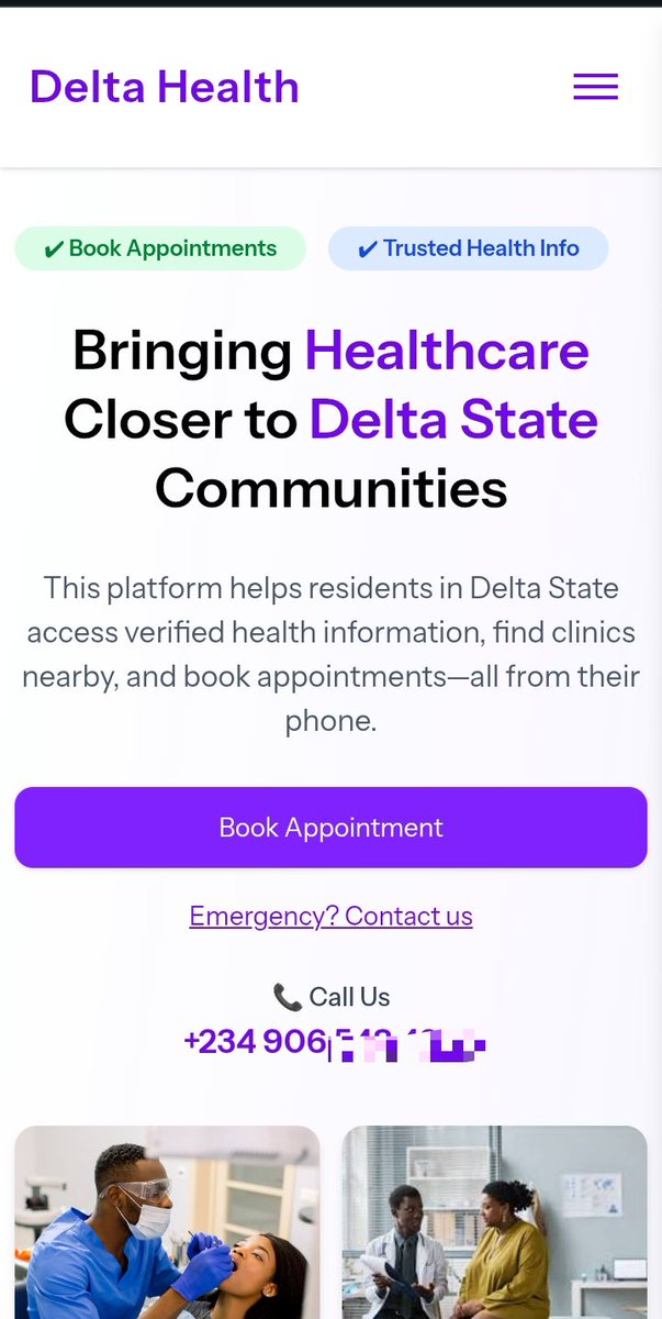 toboreeee's tweet image. Built the front-end for Delta Health Info & Appointment Booking System.
Helping people in rural areas find clinics, access health info, and book appointments online all in one place.
Built with Next.js, Tailwind & a lot of coffee 😅☕
#FrontendDev #Nextjs #Tailwind #WebDev