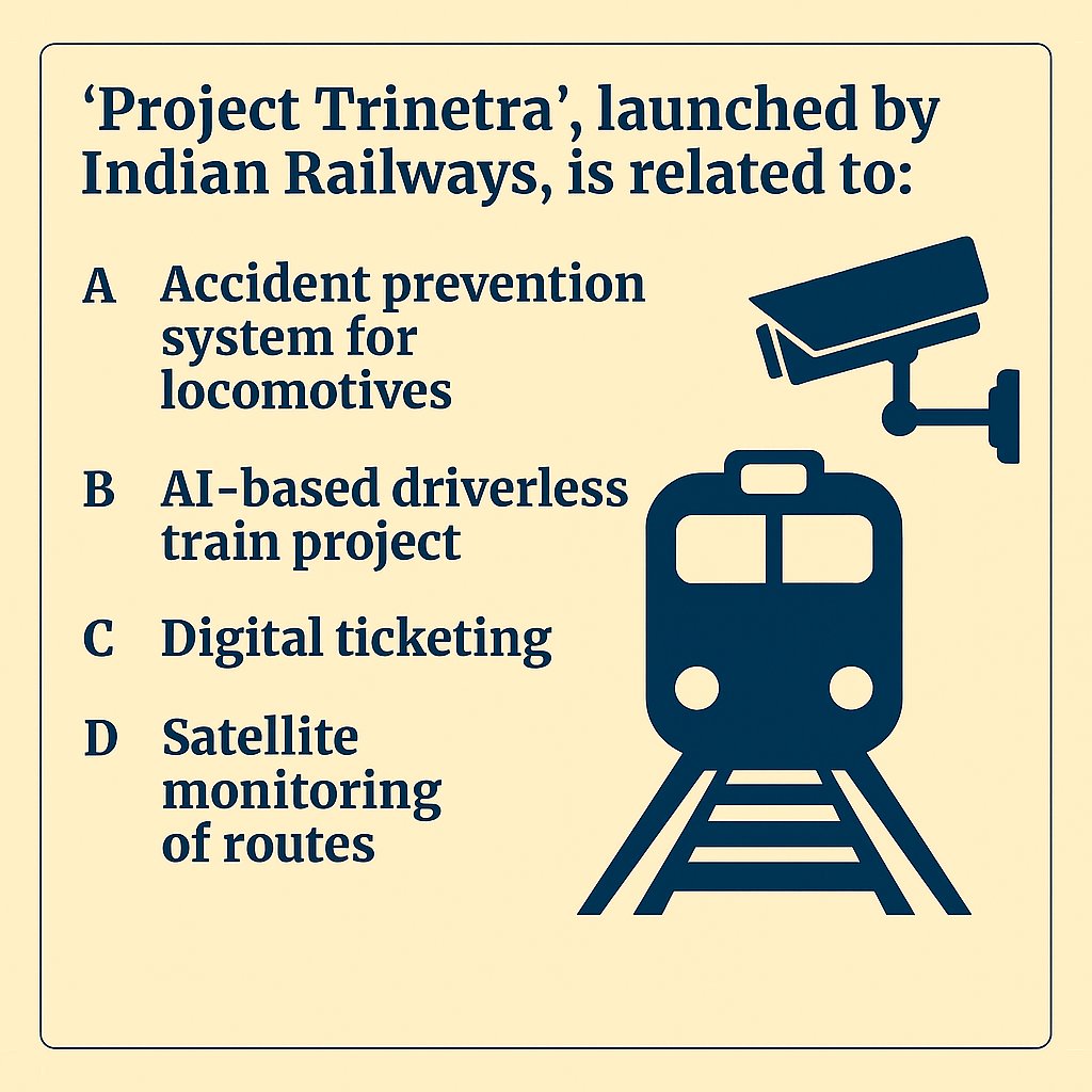cematerial's tweet image. General Knowledge🔔🔔🔔:

‘Project Trinetra’, launched by Indian Railways, is related to:

#Generalknowledge #UPSC #SSC #RRB #CompetitiveExams #BPSC