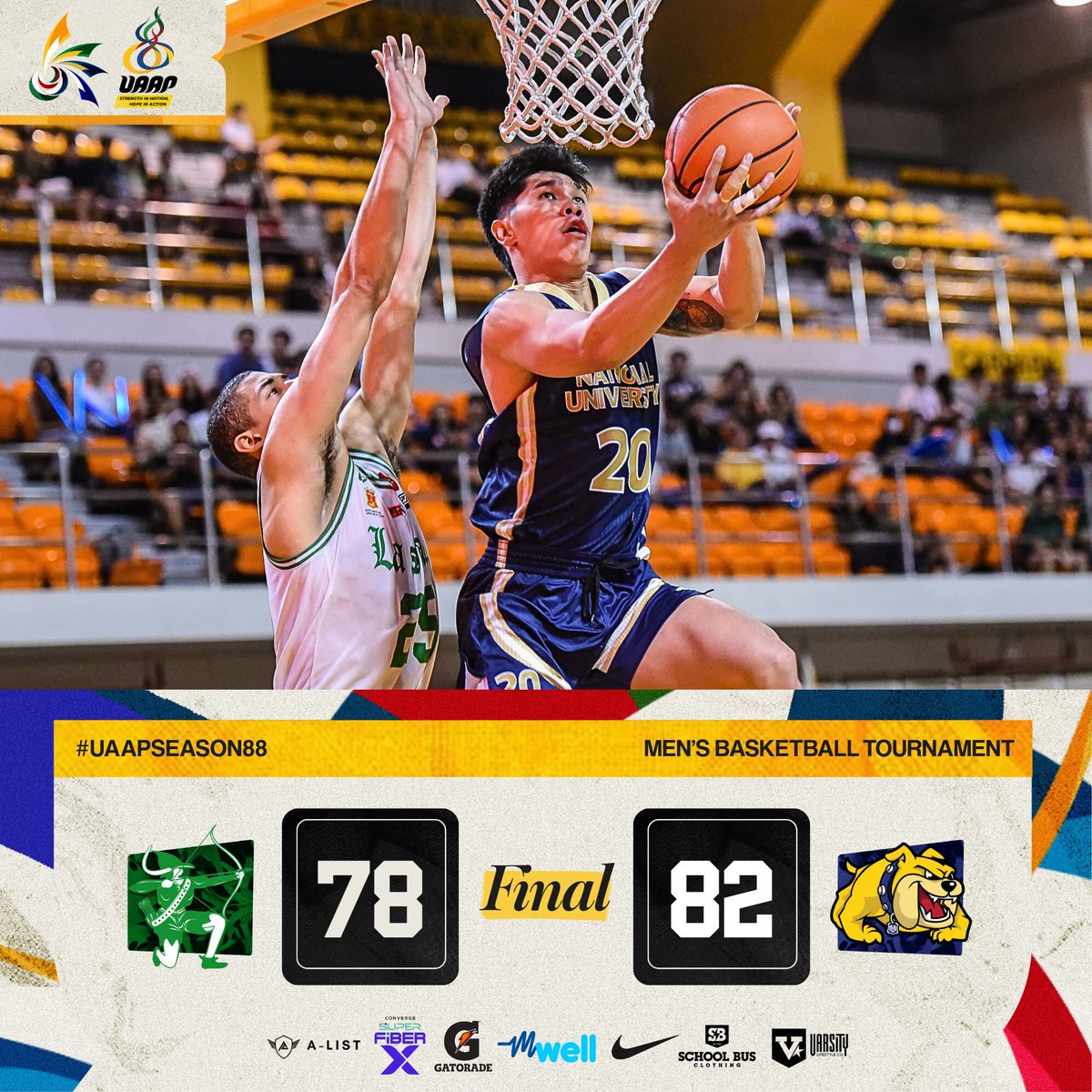 NU Bulldogs d. DLSU Green Archers, 82-78. 

#UAAPSeason88 
#StrengthInMotionHopeInAction