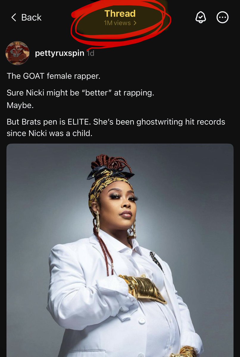 The GOAT female rapper. 

Sure Nicki might be “better” at rapping. 
Maybe. 

But Brats pen is ELITE. She’s been ghostwriting hit records since Nicki was a child.
