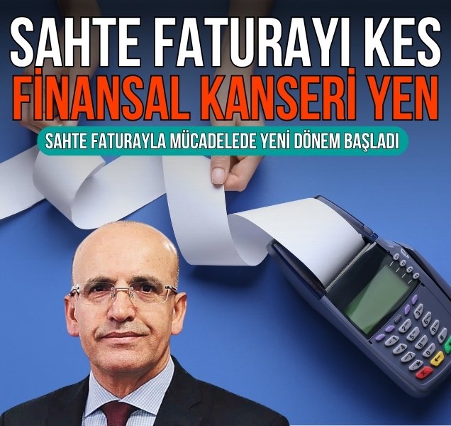 Blue background with white invoice papers and hands holding them a bald man in glasses suit and tie looking serious a payment terminal device on the side bold Turkish text overlays reading SAHTE FATURALA MÜCADELEDE YENI DÖNEM BAŞLADI and Finansal Kanser Serisi Yen Yen another image shows the Tax Audit Board building exterior with hands holding invoice paper and a payment terminal device in front.