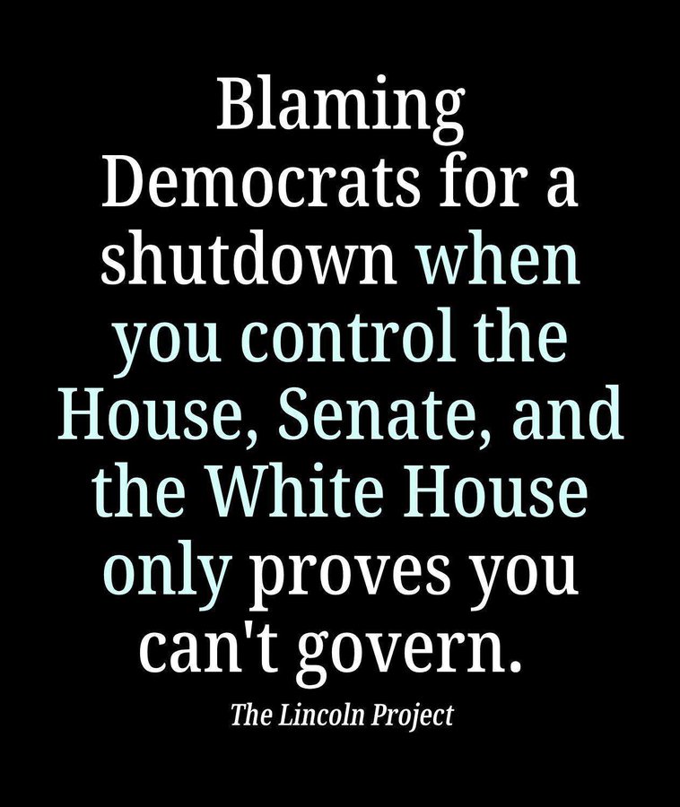 Black background with white bold text stating Blaming Democrats for a shutdown when you control the House Senate and the White House only proves you cannot govern followed by The Lincoln Project attribution.