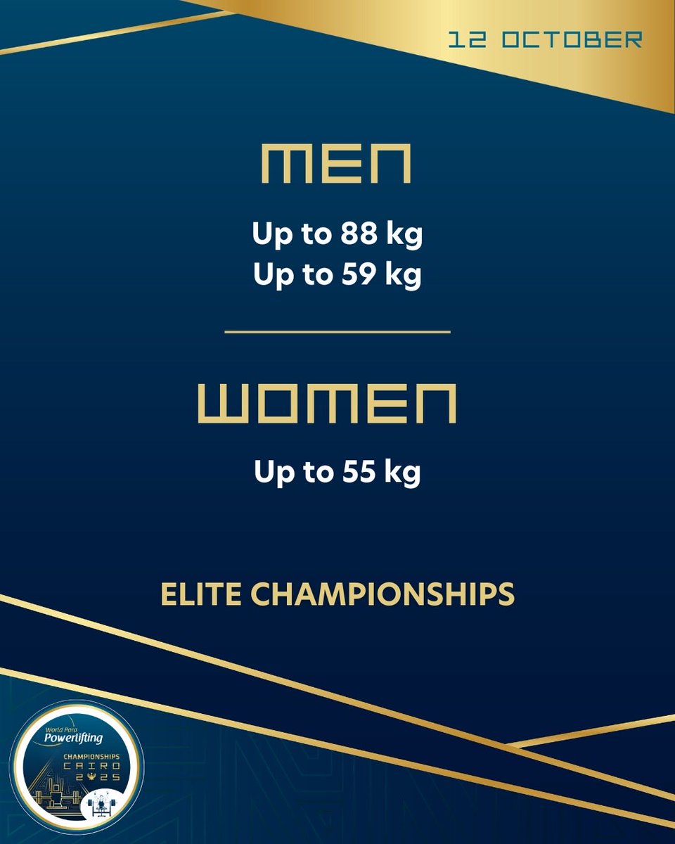 Powerlifting's tweet image. Rise and shine, Para powerlifting nation! ☀️

It’s day two of the Elite World Championships in Cairo, Egypt, with three new sets of medals up for grabs.

📺 Live stream: youtube.com/paralympics 
📊 Live results: bit.ly/Cairo2025Resul… 

#ParaPowerlifting #Cairo2025