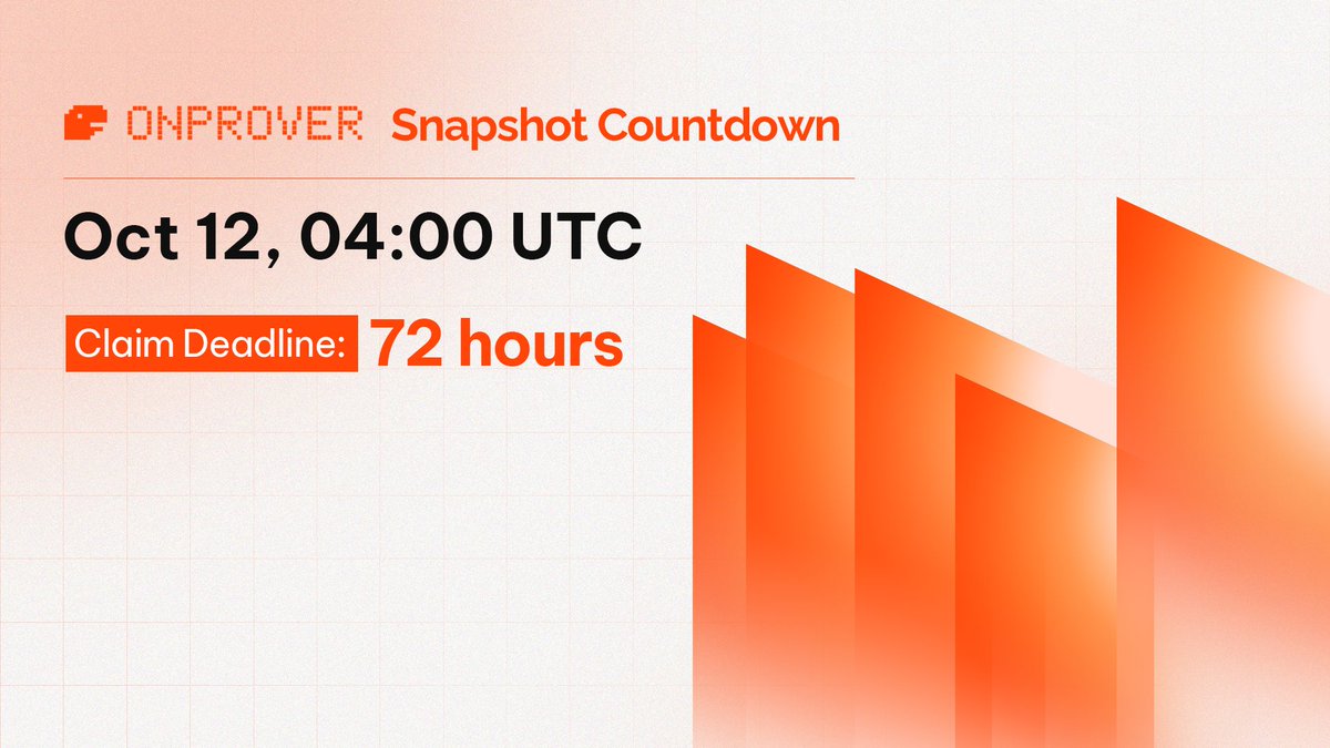 OrochiNetwork's tweet image. Orochi Network will begin the ONProver Phase 1 snapshot countdown on October 12 2025, 04:00 UTC.

After the 72-hour countdown, ONProver Phase 1 will officially pause on October 15 2025, 04:00 UTC to take an authoritative snapshot of all provers’ $ON testnet balances and stop $ON