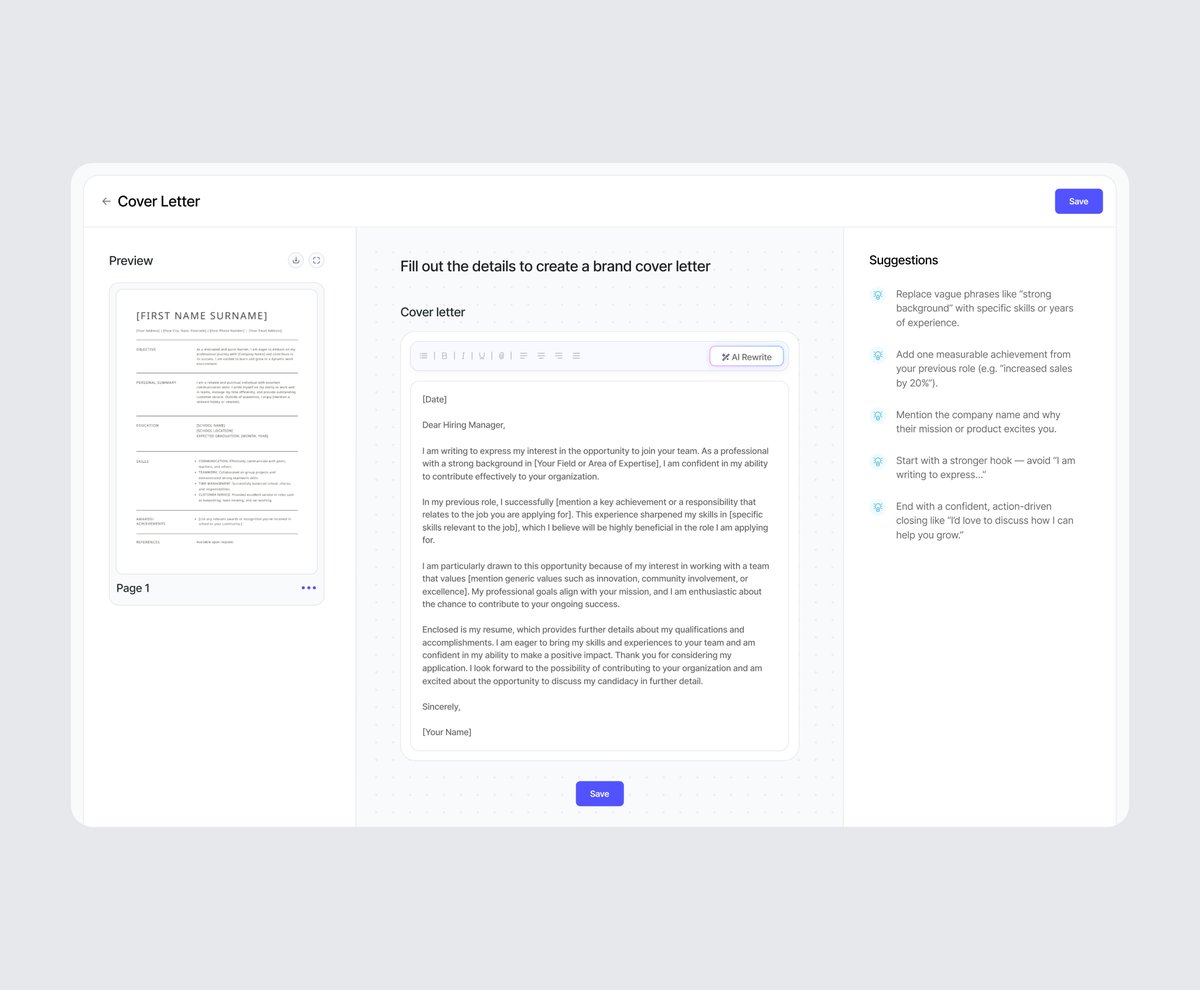 Create cover letter screen for an AI-based job seeking platform.