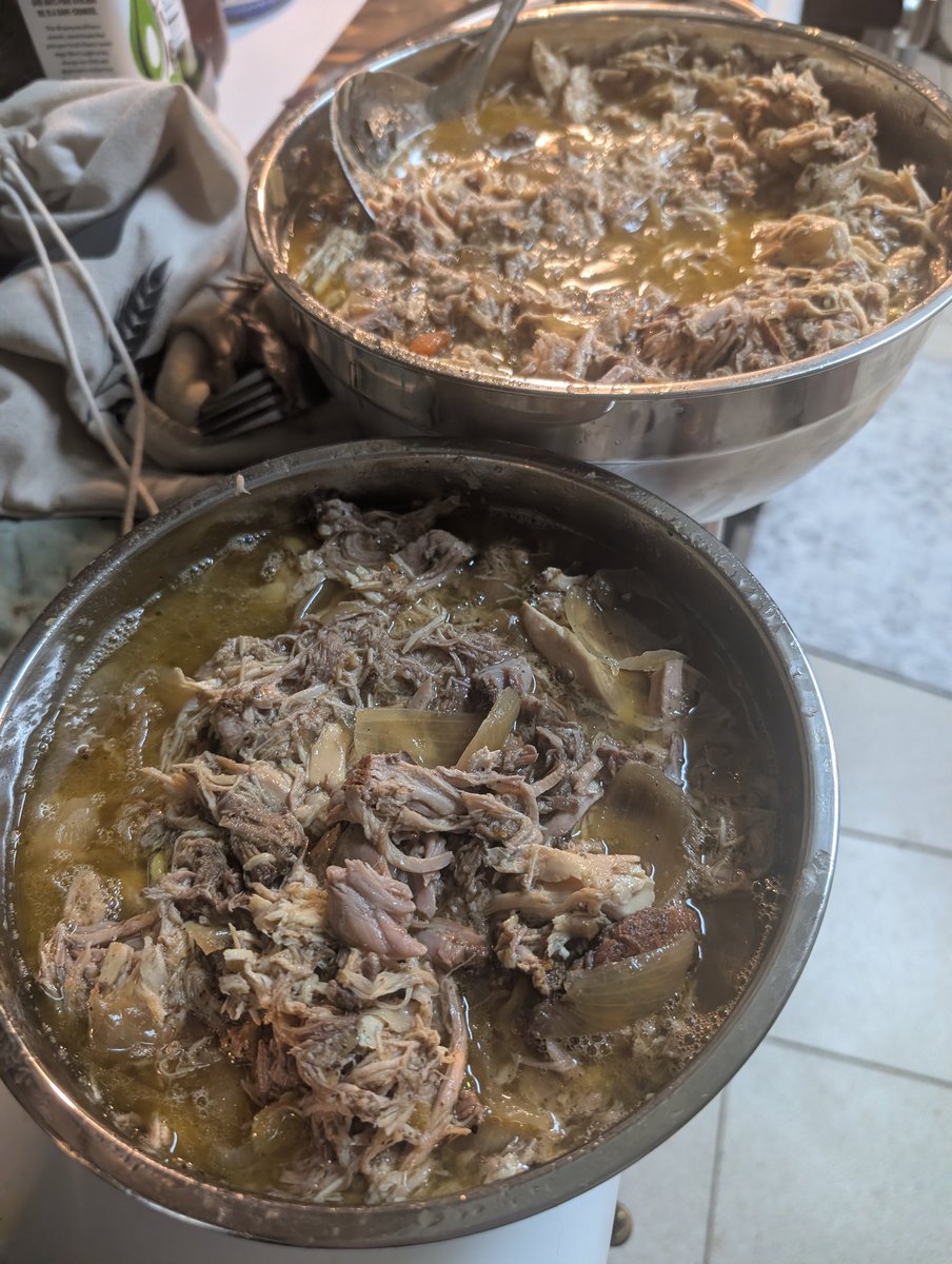 It took literally two days to make this camp stew. This version includes Chuck roast, pork butt, and a whole chicken. In total, I made 22 quarts. 17 of those went into the freezer for the winter.