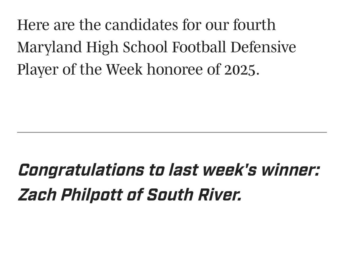 Blessed to be named Maryland Defensive Player of the Week!!
<a href="/SRHSFootball/">South River HS Football</a> <a href="/CoachErxleben/">Coach Steve Erxleben</a> <a href="/Coach_J_Lundy/">Coach J Lundy (L.E.A.D)</a> <a href="/CoachClark16x/">Kevin Clark</a>