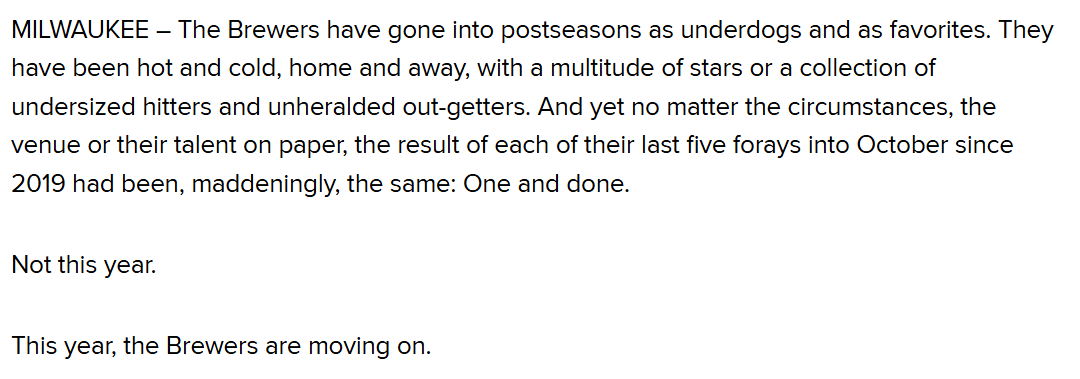 Much more to come, but here's a first version: After years of postseason heartbreaks, the Brewers are moving on. mlb.com/brewers/news/b…