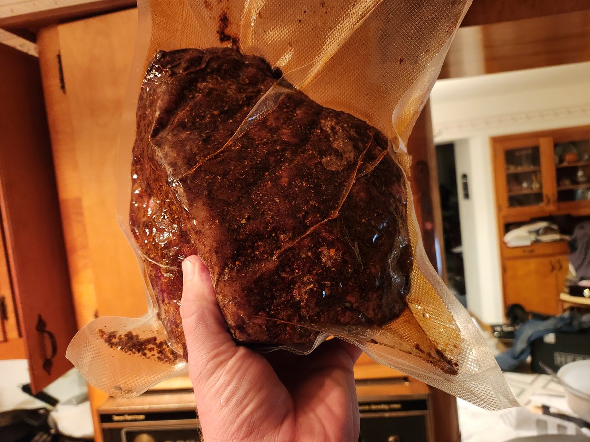 Doing a brine for pastrami,  couldn't fit this huck of brisket into the pot.  Heavy salt, smoked at 250F, rub is a pastrami rub idea which has some heat behind it.  It is in the tub at 165F for hopefully 16 to 24 hours.  Corned beef at it's finest we hope.