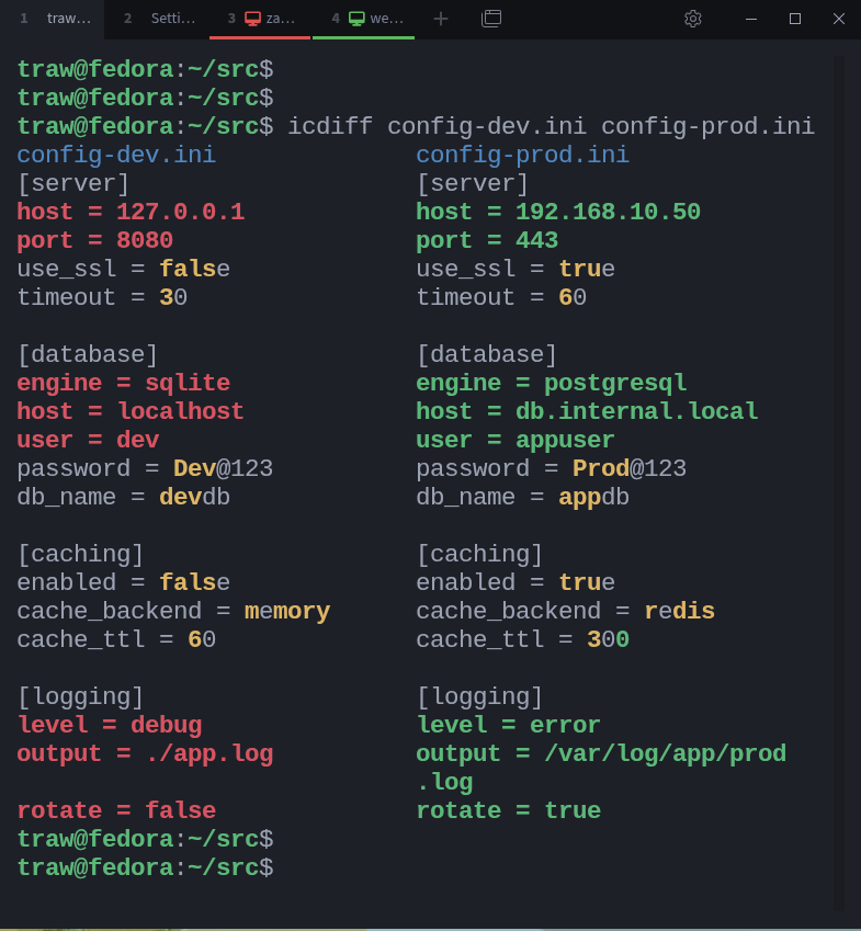 thatstraw's tweet image. Quick Linux tip:
The diff command is a useful tool for finding differences between files in the Linux terminal. However, icdiff offers an even better side-by-side comparison with colorized output.
$ icdiff config-dev.ini config-prod.ini
The output will display both files…