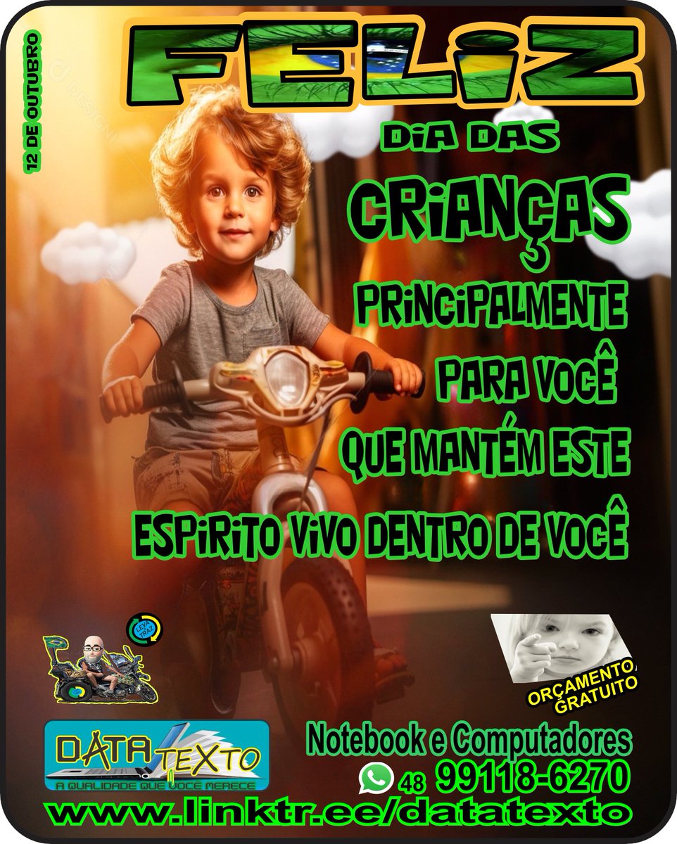 datatexto's tweet photo. 👉 👏Parabéns👏 a todos os que, mesmo com o passar dos anos👨‍🦰👱‍♀️, mantêm vivo o espírito de 👶👧criança👶👧!

👉 Afinal, quem tem alma jovem merece tecnologia à altura!

👉Fale conosco já e faça seu orçamento!👈

🌎🌐🇧🇷 https://t.co/9ew9DLqSoU

📲☎️📞 zap 48 99118-6270 https://t.co/3JjRC4I5KU