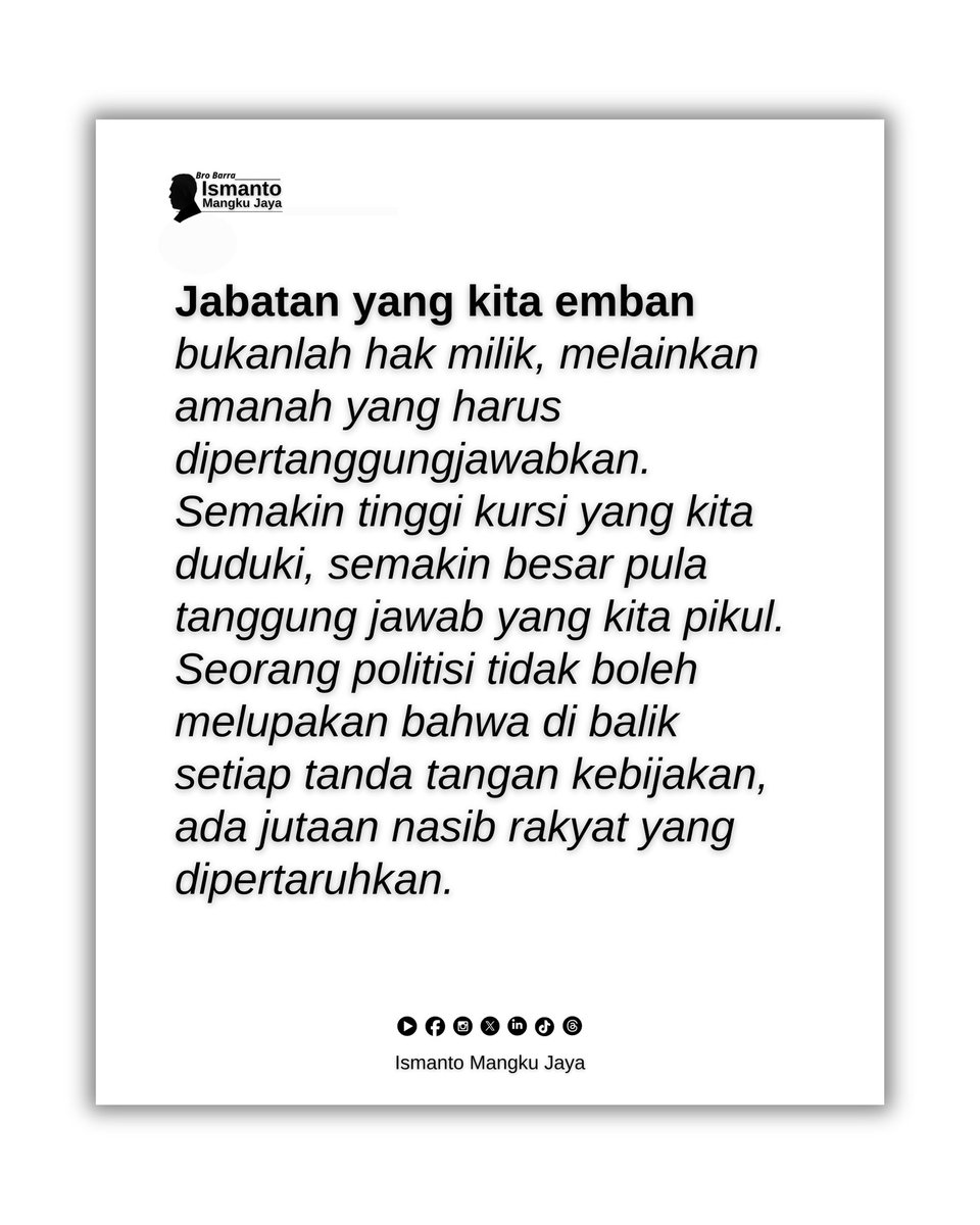 baladkangbarra's tweet photo. Jabatan yang kita emban bukanlah hak milik, melainkan amanah yang harus dipertanggungjawabkan.
#edukasi #politik #politisi #jabatan #emban #amanah #duduki #tanggungjawab #kebijakan #rakyat #barra #ismantomangkujaya #bakar #baladkangbarra https://t.co/1SwOp0dMB6