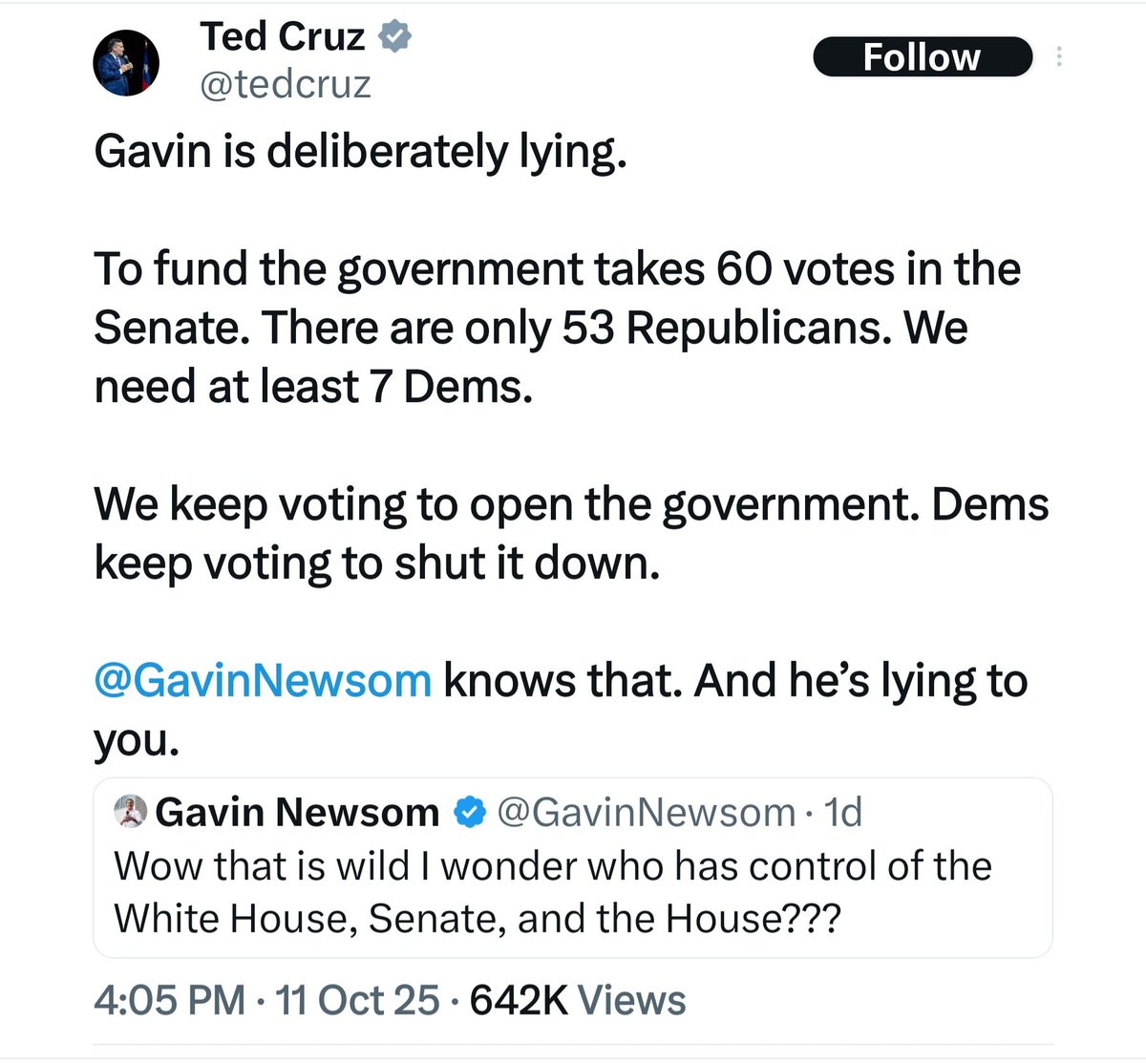 GenoVeno73's tweet image. Ted is deliberately lying.
On October 1, 2025, the Senate rejected (45-50) a Democratic-led bill to extend funding through October with ACA and Medicaid protections, with most Democrats voting in favor and most Republicans against.
On October 7, 2025, the Democratic proposal…